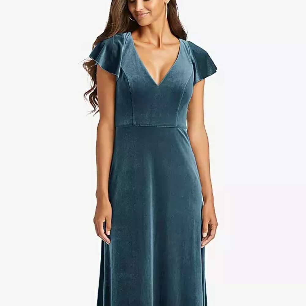 After Six 1540...Flutter Sleeve Velvet Maxi Dress with Pockets...Blue...Sz 16